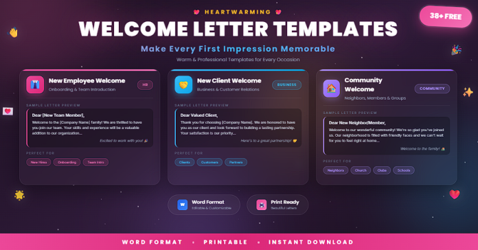 Free heartwarming welcome letter templates in Word for warm and professional greetings