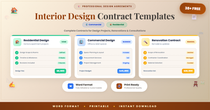Free interior design contract templates for commercial and residential projects in Word