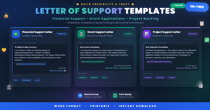 Free proven letter of support templates in Word for financial and grant applications