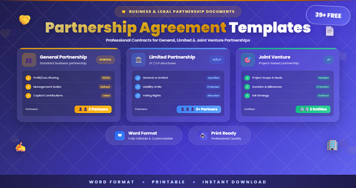 Free partnership agreement templates (business, general) in Word