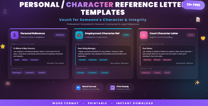 Free personal and character reference letter templates in Word for formal recommendations