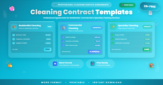 Free printable cleaning contract templates in Word
