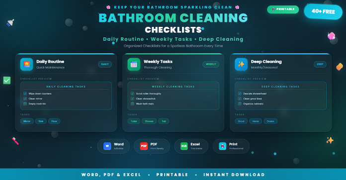 Free printable bathroom cleaning checklists in Word, PDF, and Excel formats