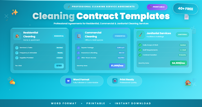 Free printable cleaning contract templates in Word