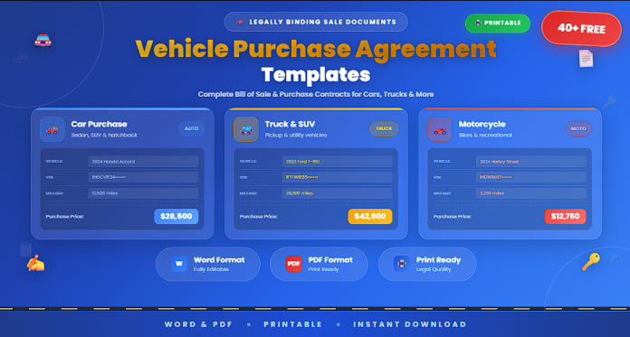 Free printable vehicle purchase agreement templates in Word and PDF