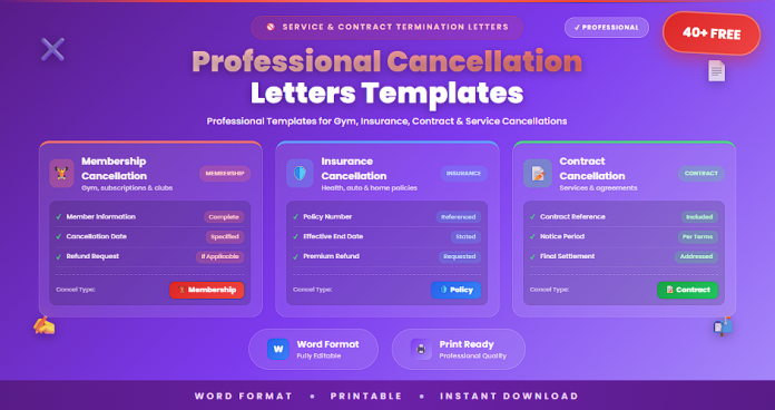 Free professional cancellation letters (gym insurance contract) in Word
