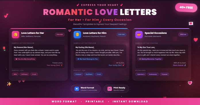 Free romantic love letter templates in Word for her and for him