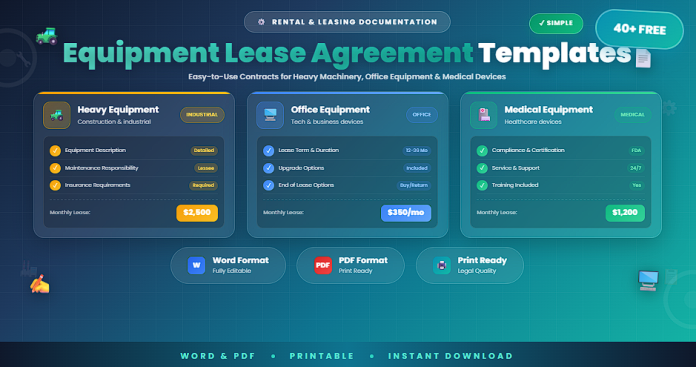 Free simple equipment lease agreement templates in Word and PDF
