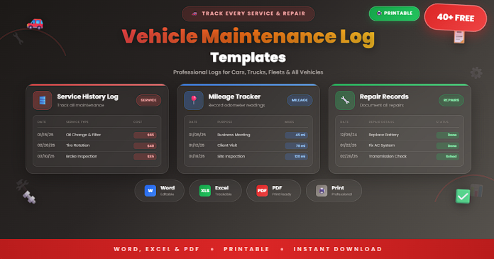 Printable vehicle maintenance log templates in Word Excel and PDF