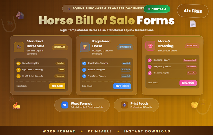 Free printable horse bill of sale forms and templates in Word