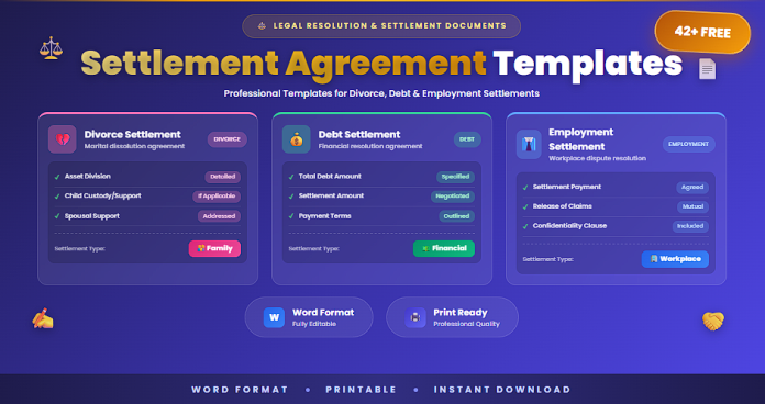 Free settlement agreement templates (divorce debt employment) in Word