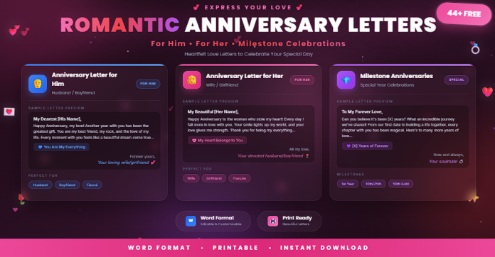 Free romantic anniversary letter templates for him or her to express love and appreciation