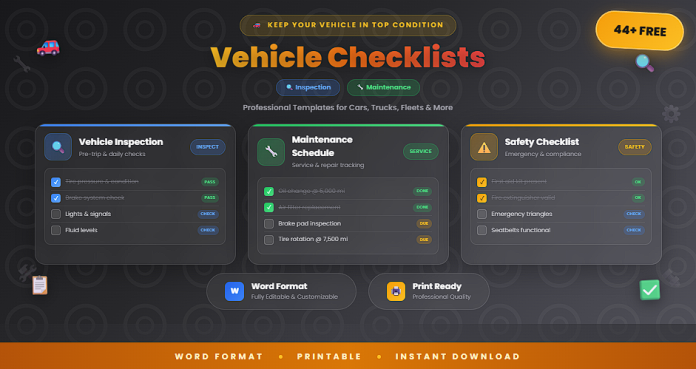 Free vehicle checklists for inspection and maintenance in Word