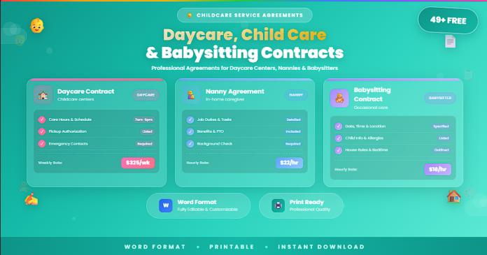 Free daycare, child care, and babysitting contract templates in Word