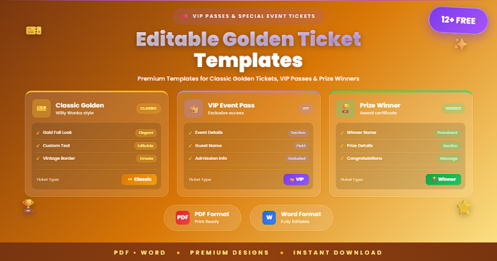 Free editable golden ticket templates PDF Word