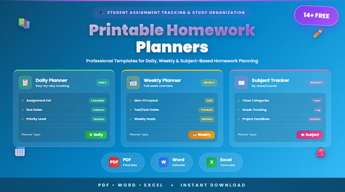 Free printable homework planners PDF Word Excel