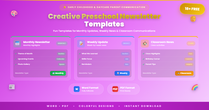 Free creative preschool newsletter templates Word PDF
