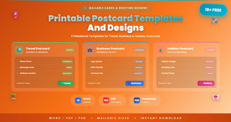 18+ Free Printable Postcard Templates And Designs In (Word, PDF, PSD ...