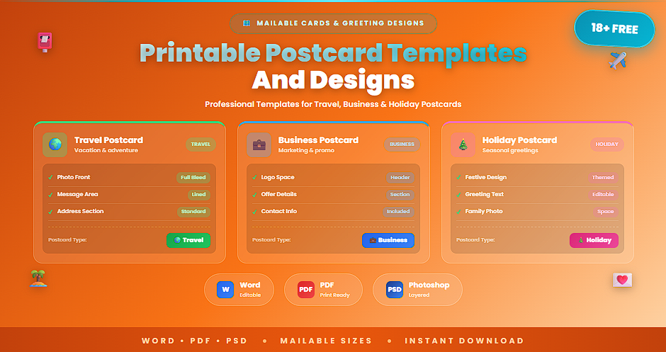 18+ Free Printable Postcard Templates And Designs In (Word, PDF, PSD ...