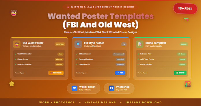 Free wanted poster templates FBI Old West Word PS