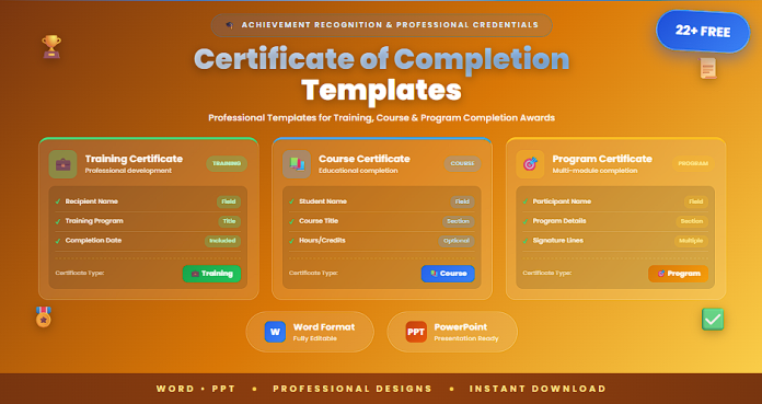 Free certificate of completion templates Word PPT