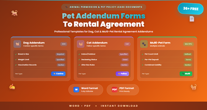 Free pet addendum forms to rental agreement in Word and PDF