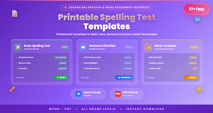 Free printable spelling test templates Word PDF