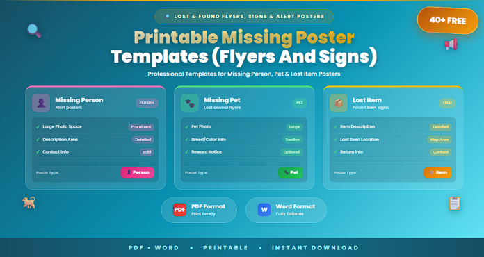 Free printable missing poster templates PDF Word
