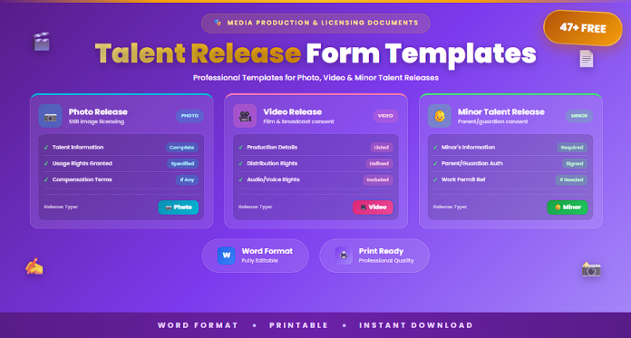 Talent release form templates photo and video in Word