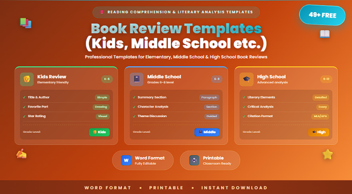 Free book review templates kids middle school Word